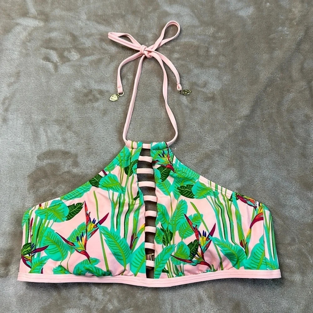 Cremieux High Neck Strappy Bikini Peach Floral Top Size Large